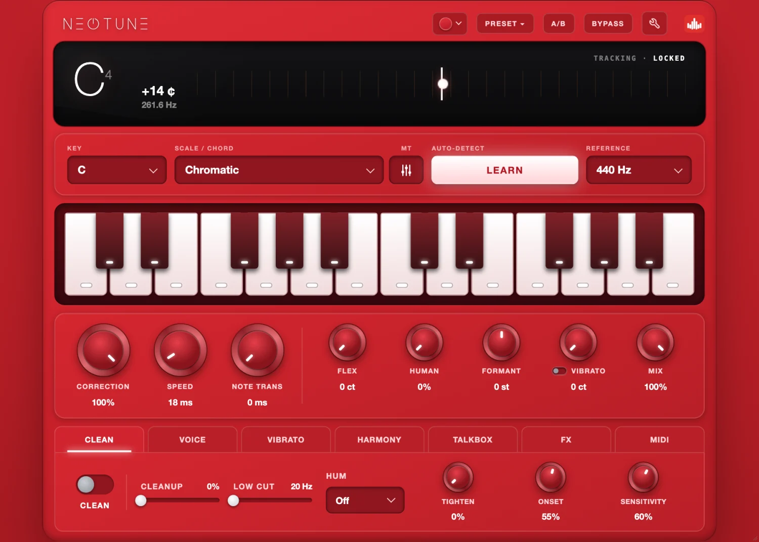 NEOTUNE Pro autotune plugin interface, showing Correction, Speed and Note Transition on separate controls with the pre-detection Clean-up tab